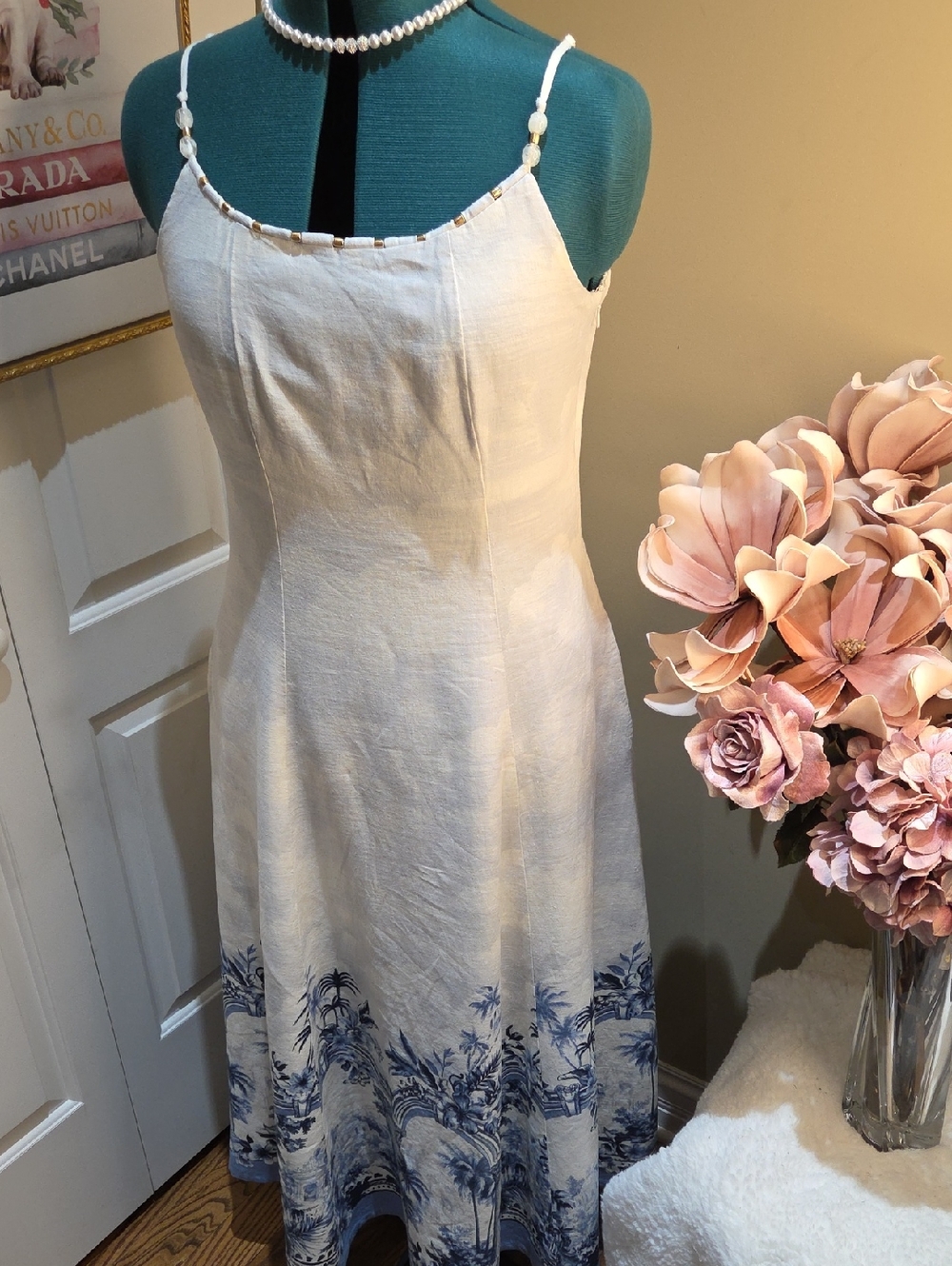 Nwt 8 & 6 & 4 Rachel Zoe White Linen Maxi Dress with Blue Scenic Hem - Picture 11 of 16